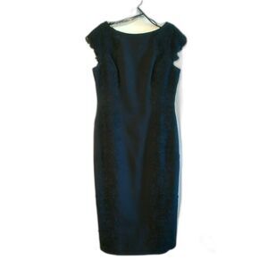 Maggy London Black Sheath Dress Cap Sleeve Lace Embellishments 6 Preppy Goth LBD
